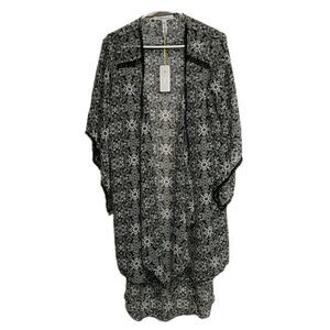 BCBGeneration Cover Up One Sz Open Front Long Tunic Pompon Trim Lightweight NEW